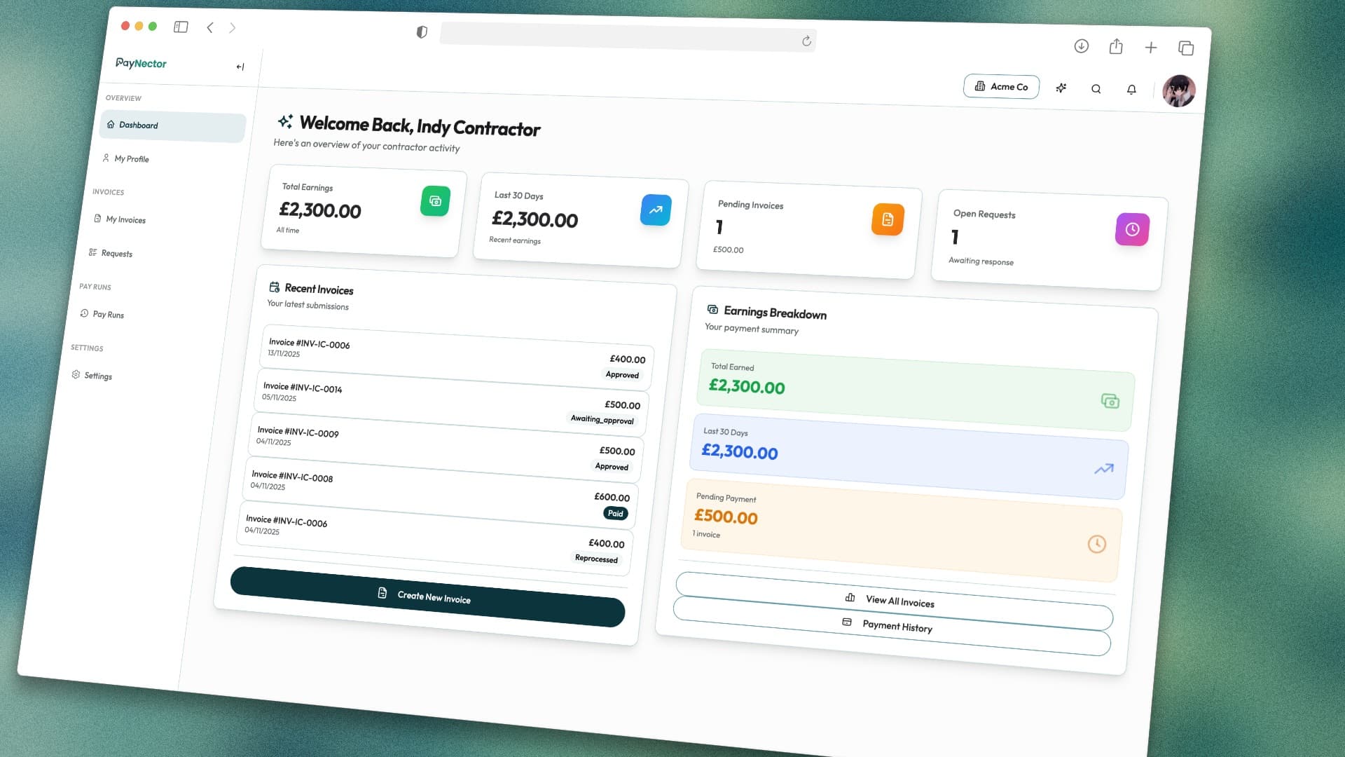 Contractor dashboard